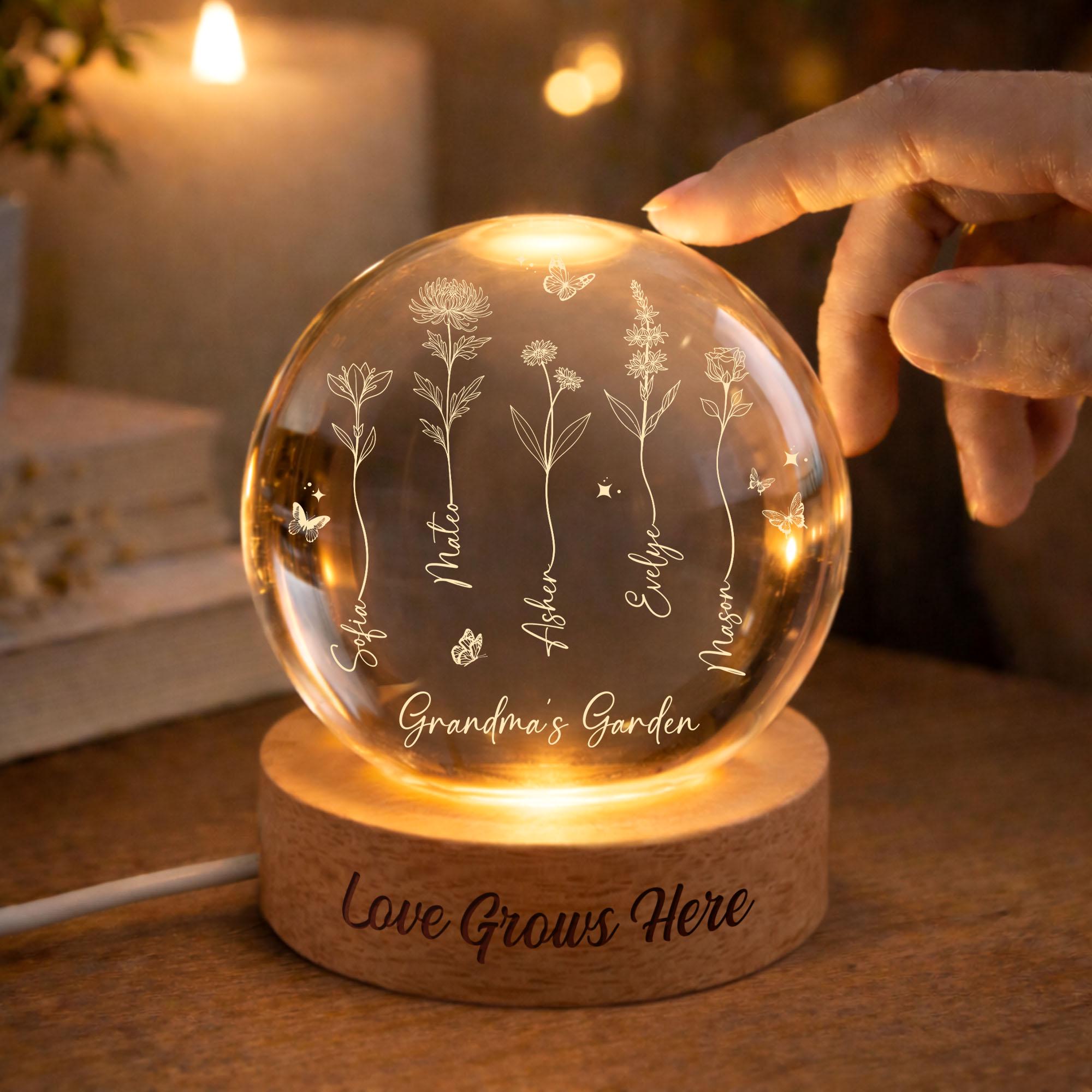 Grandma's Garden Birth Flower Crystal Ball Night Light, Custom LED Night Light With Kids Names, Mother's Day Gift, Family Birth Flower Gifts