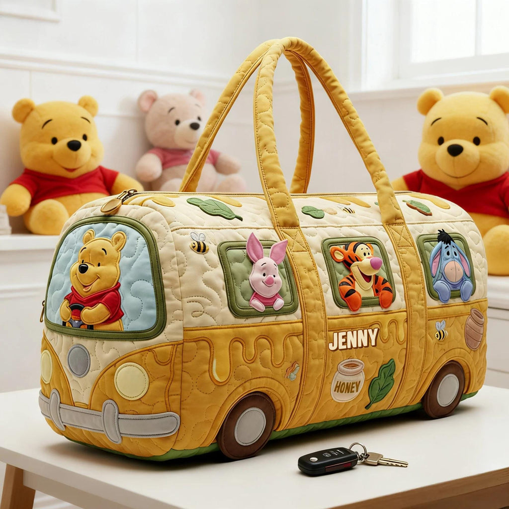 Quilted Bear Friends Bus Duffle Bag – Yellow Honey Travel Weekender Tote, Cute Cartoon Diaper Bag, Baby Shower Gift
