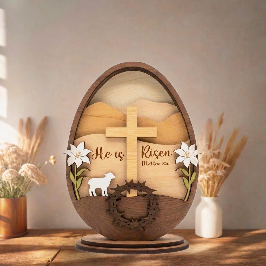 He is Risen Empty Tomb Wooden Block, Christian Easter Decor, He is Risen Wooden Easter Decor, 3D Layered Cross & Lily Sign, Matthew 28_6 Scripture Tabletop Plaque, Christian Gift