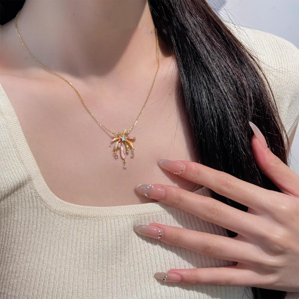 Glowing Firework Necklace in S925 Sterling Silver Gold Plated, Dainty Fairycore Necklace for Women, Elegant Handmade Jewelry Gift for Her