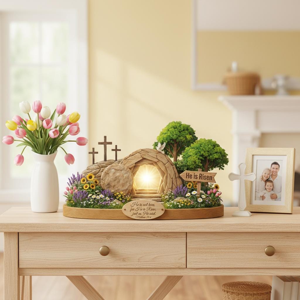 Flat He is Risen Wooden Block Easter Scene, Empty Tomb Decor With Scripture, Christian Resurrection Table Display