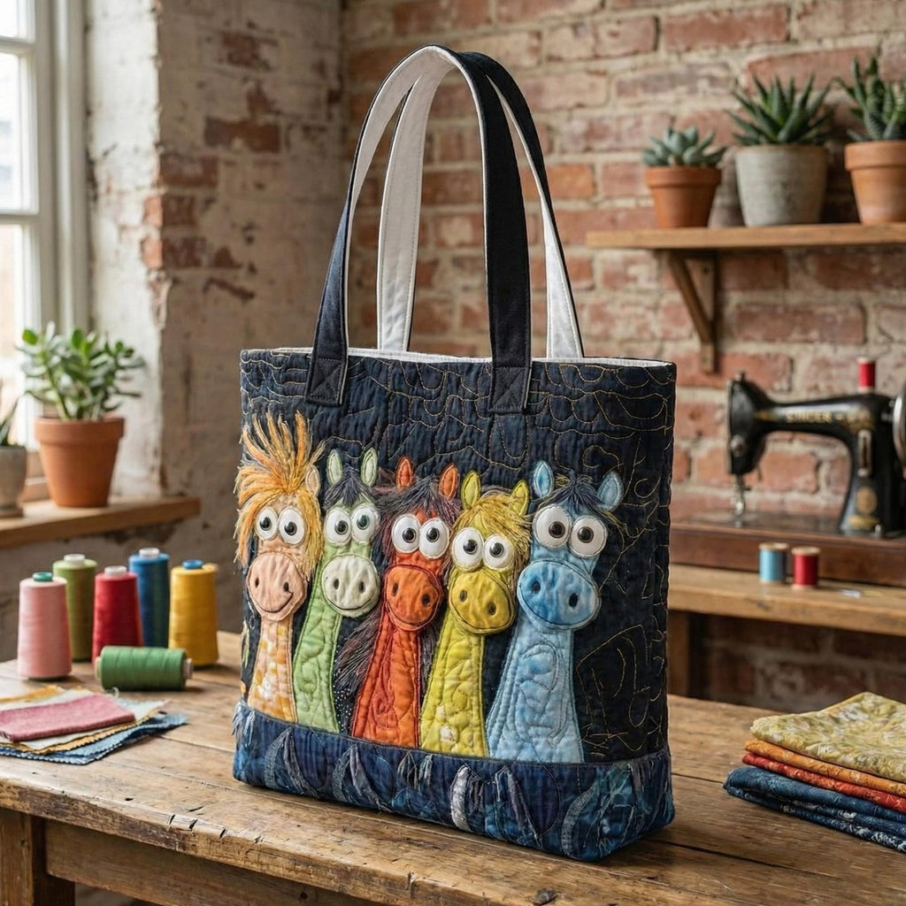 Colorful Horse Quilted Tote Bag – Artistic Horse Fabric Tote, Handmade Style Shoulder Bag