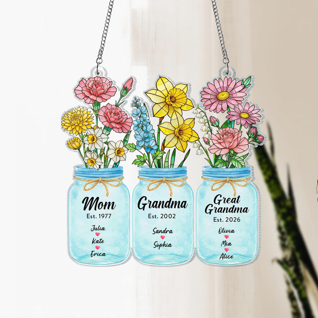 Birth Flower Suncatcher Window Decor, Custom Great Grandma's Garden Suncatcher, Mother's Day Gift, Grammy Present, Grandma Gift, Mom Gift