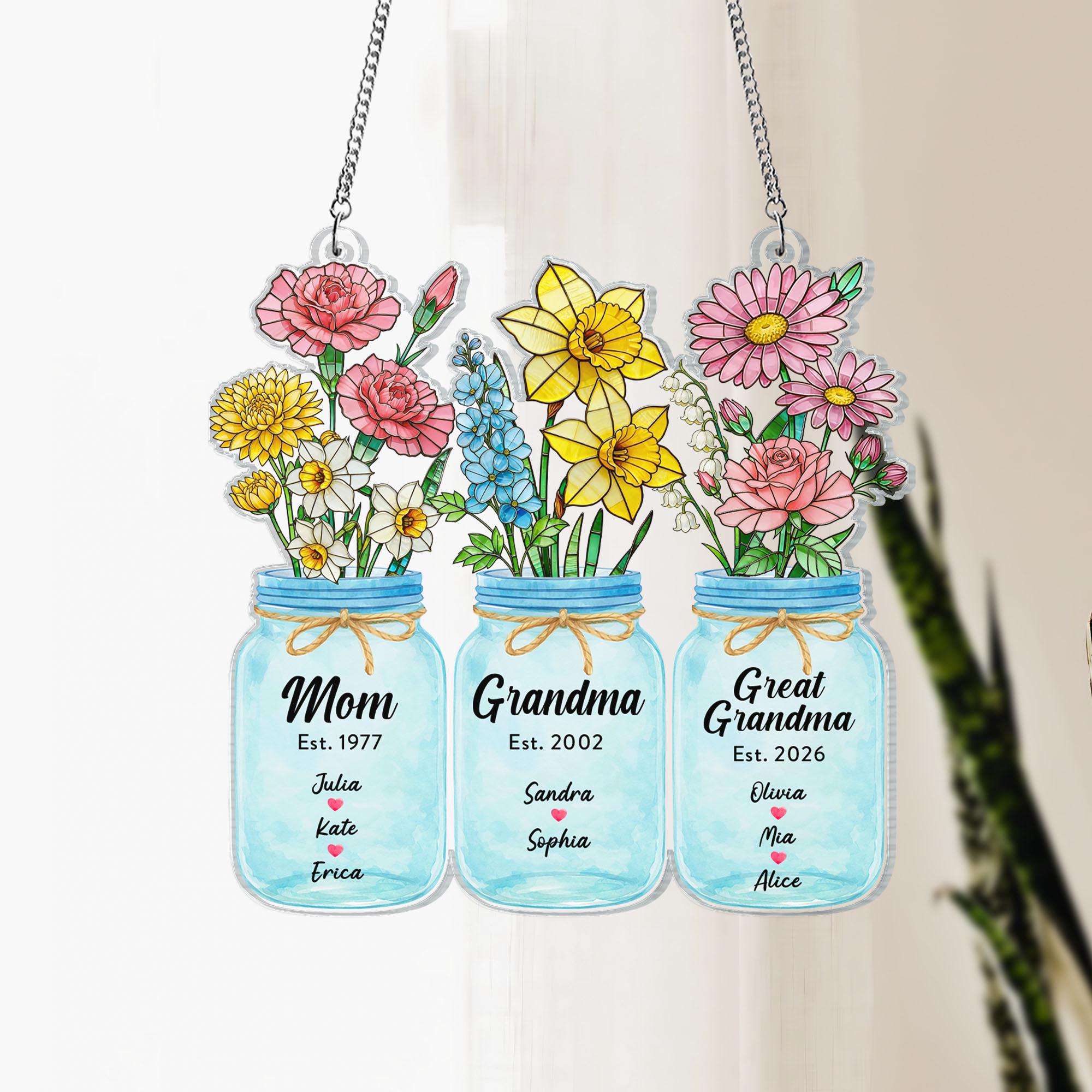 Birth Flower Suncatcher Window Decor, Custom Great Grandma's Garden Suncatcher, Mother's Day Gift, Grammy Present, Grandma Gift, Mom Gift