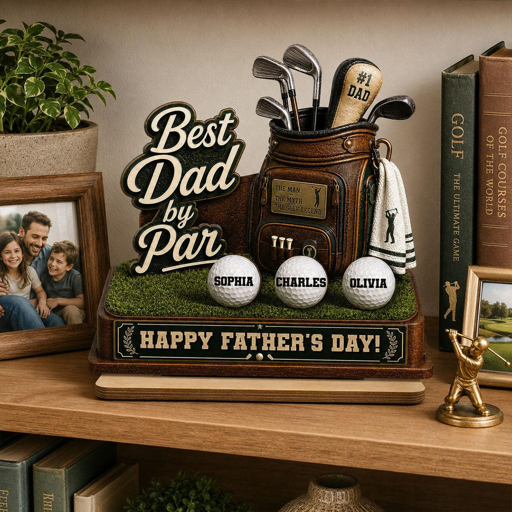 Best Dad by Par Custom Kid Name 2-layered Wooden Plaque - Father's Day Gift for Golf Dad, Husband From Son Daughter