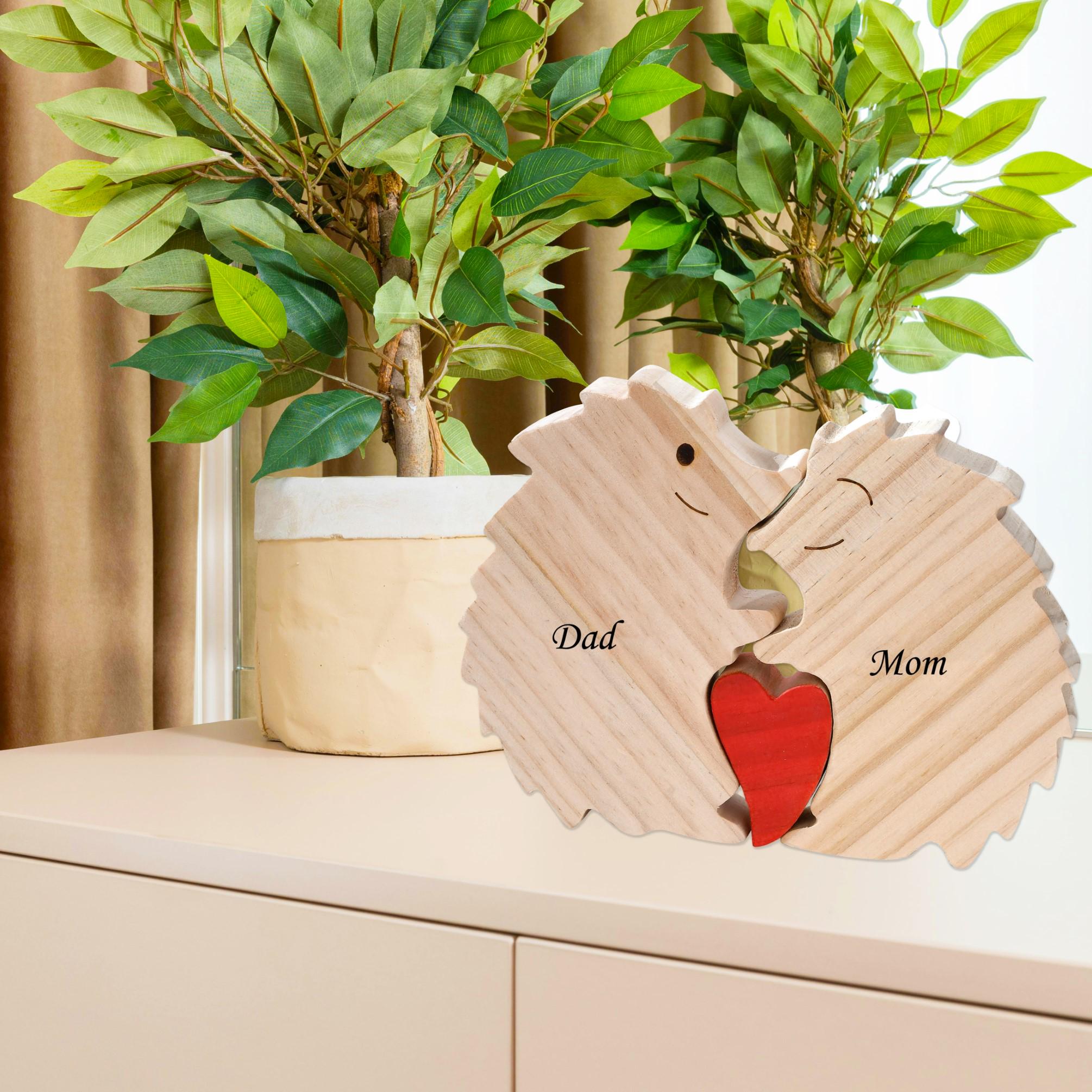 Wooden Animal Family Puzzle, 2-5 Hedgehogs Family Jigsaw Decor, Wedding Anniversary Gifts for Mom Dad Friend Couples Animal Family Decor