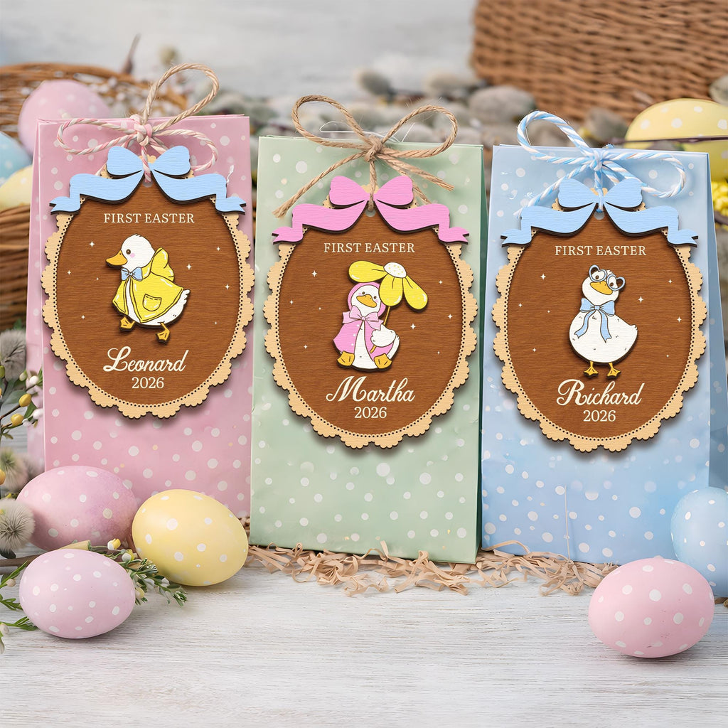 Personalized First Easter Basket Tag – Custom Duck Wooden Name Tag for Baby