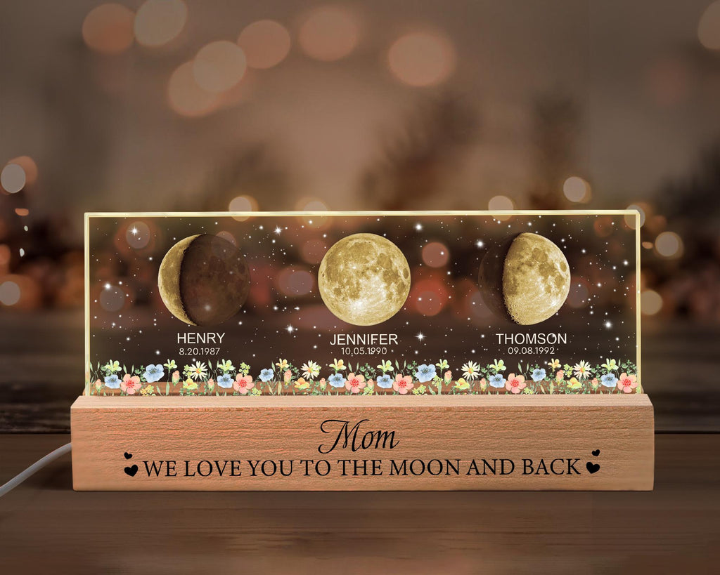 Custom Mom Moon Phase Night Light, Mothers Day Gifts for Mom, Custom Birth Moon Phase Light With Kids Name, Gift for Grandma, Mama Gifts