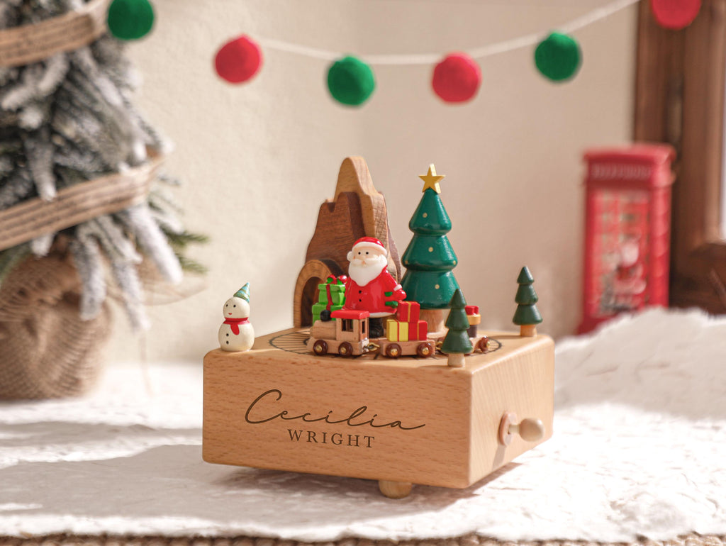 Christmas Personalised Wooden Music Box, Custom Wooden Handmade Music Box, Engraved Baby Name Music Box, Christmas Gifts for Kids