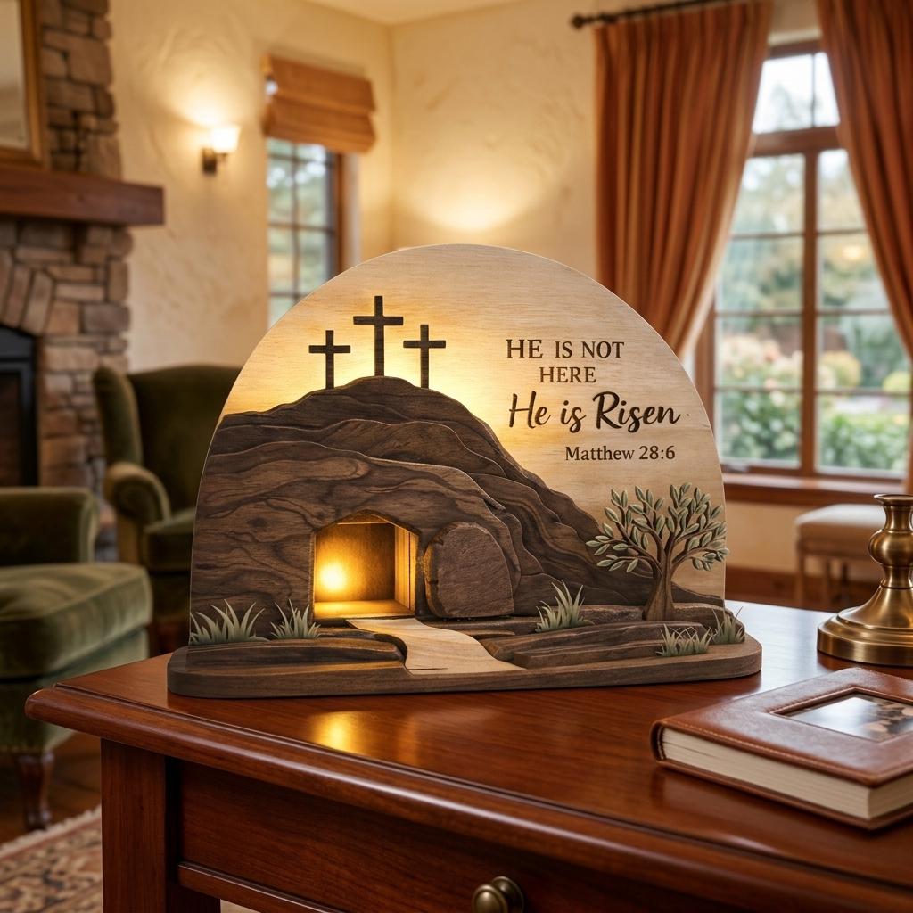 He is Risen Easte Wooden Block, Christian Resurrection Table Sign, Religious Home Decor Gift, Empty Tomb Cross Wood Shelf