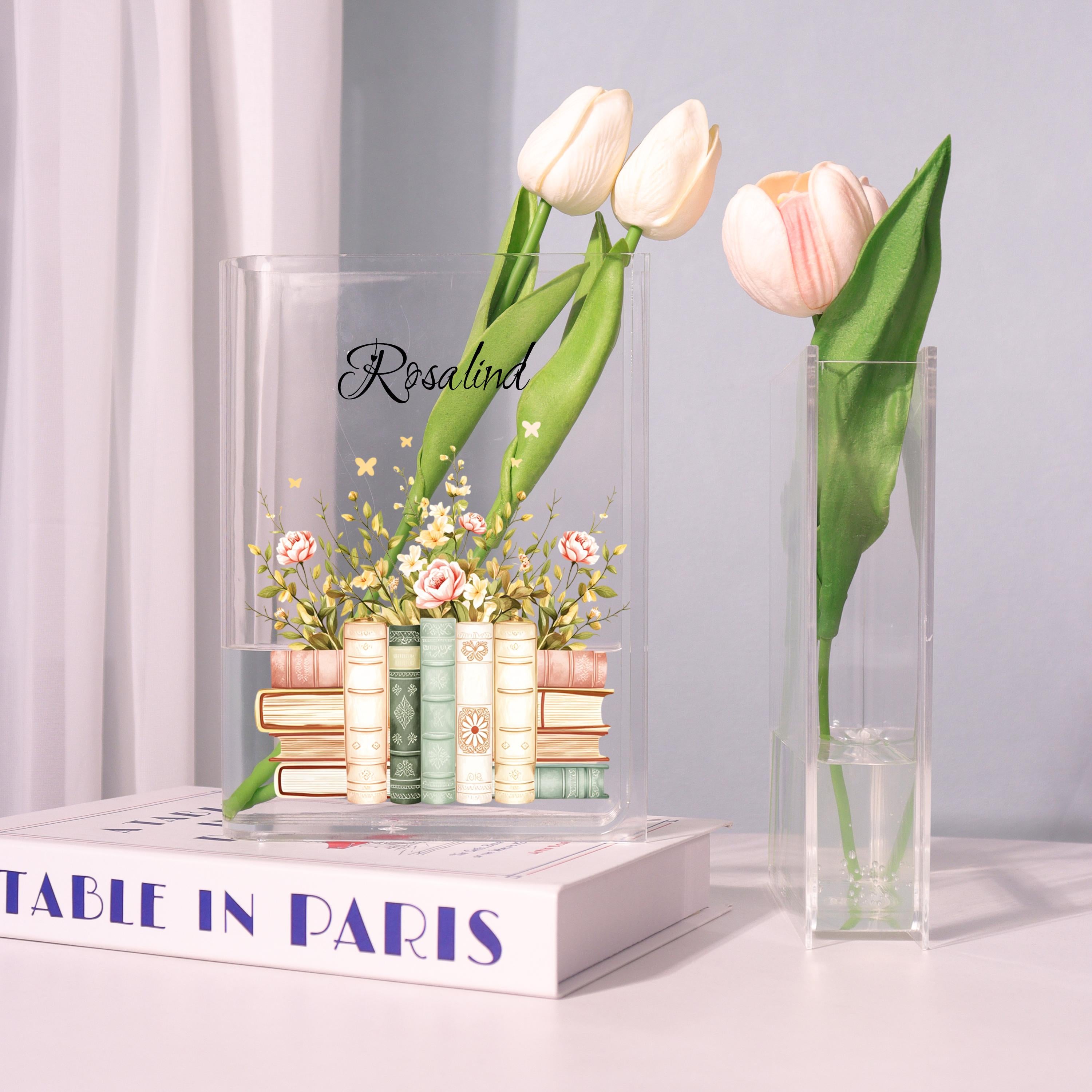 Vintage Book Stack Acrylic Book Vase, Floral Bookshelf Bookish Vase, Floral Book Shaped Vase, Flowers and Books,custom Gift for Book Lovers