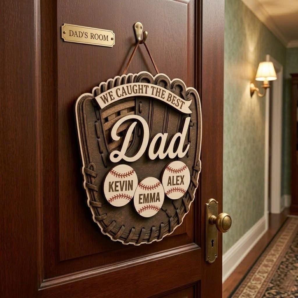 Personalized Baseball Glove Wood Sign, Custom Father's Day Gift, We Caught the Best Dad Baseball Plaque, Birthday Gift for Dad From Kids