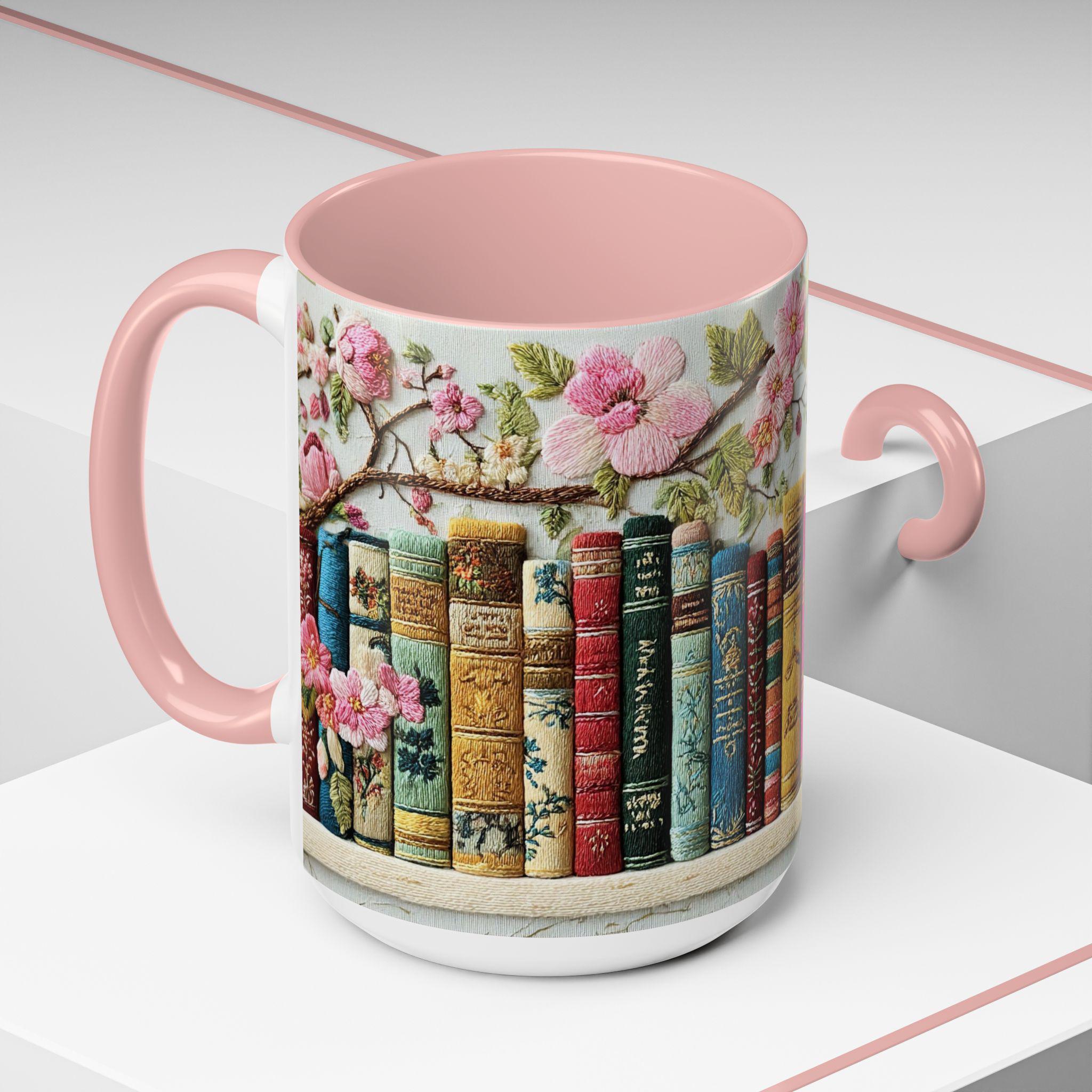 Floral Bookshelf Mug Embroidered Book Lover Design Cottagecore Reading Coffee Cup Vintage Library Aesthetic