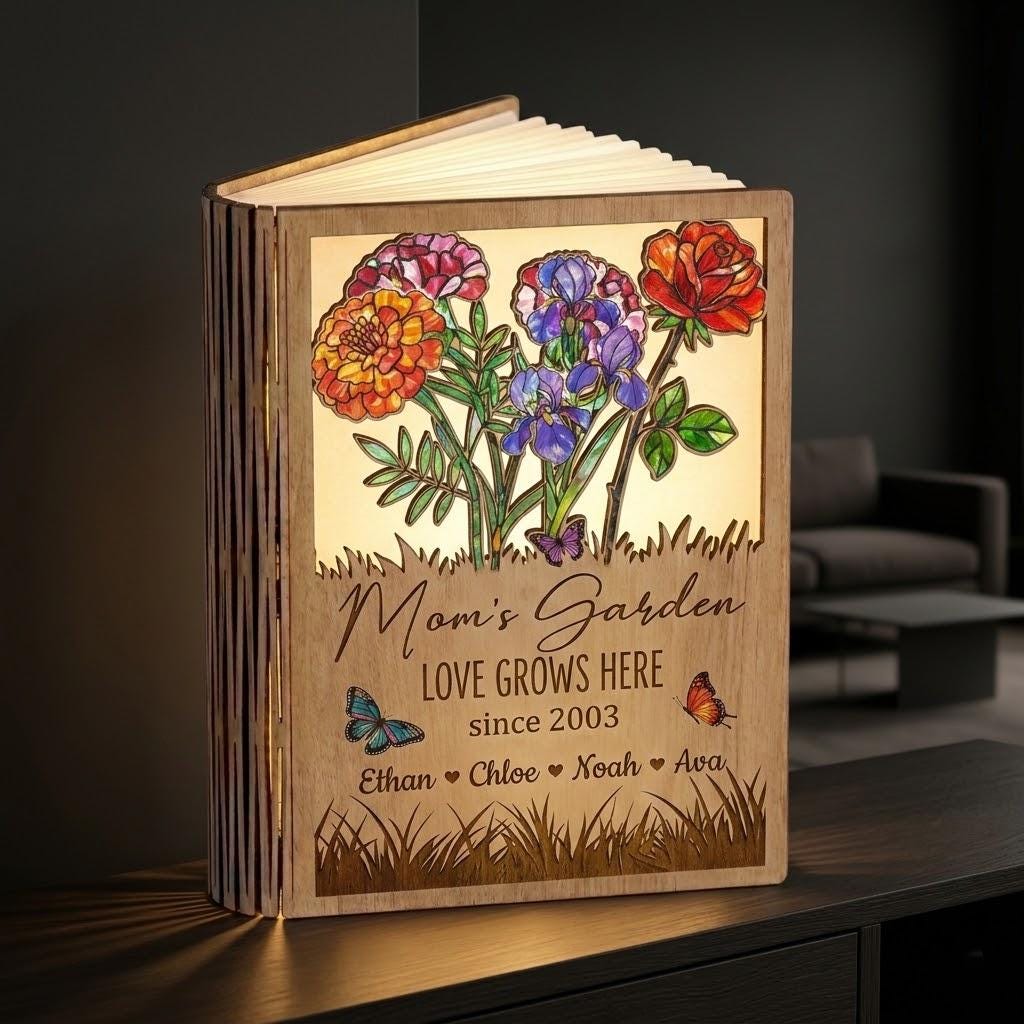Personalized Mom's Garden Book Lamp, Custom Kid Names Birth Month Flower Reading Lamp, Love Grows Mom's Garden Book Lamp