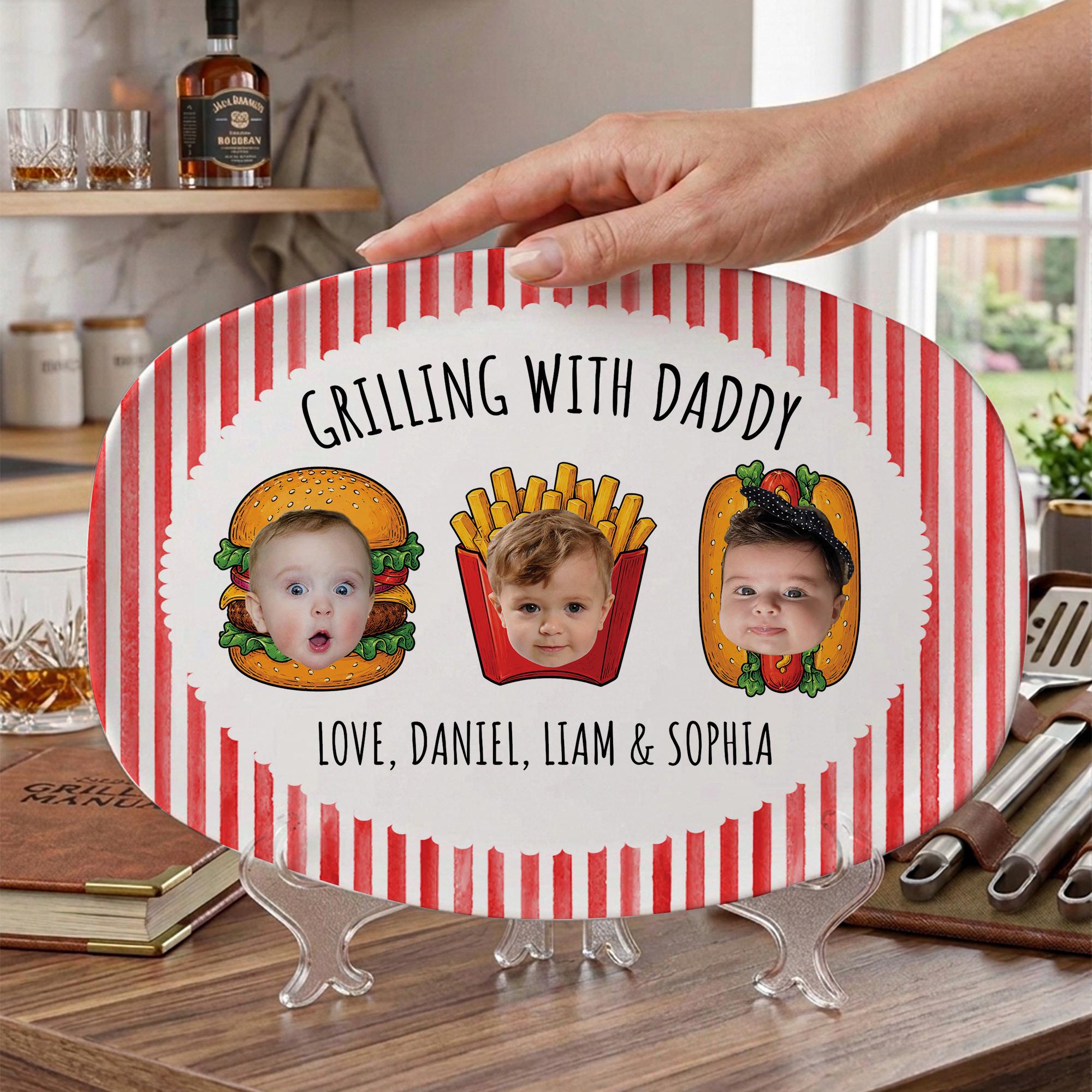 Custom Father’s Day Gift for Dad From Kids, Personalized Striped Dad’s Grilling Platter With Kid Faces, Dad Grilling Plate for Kitchen Decor