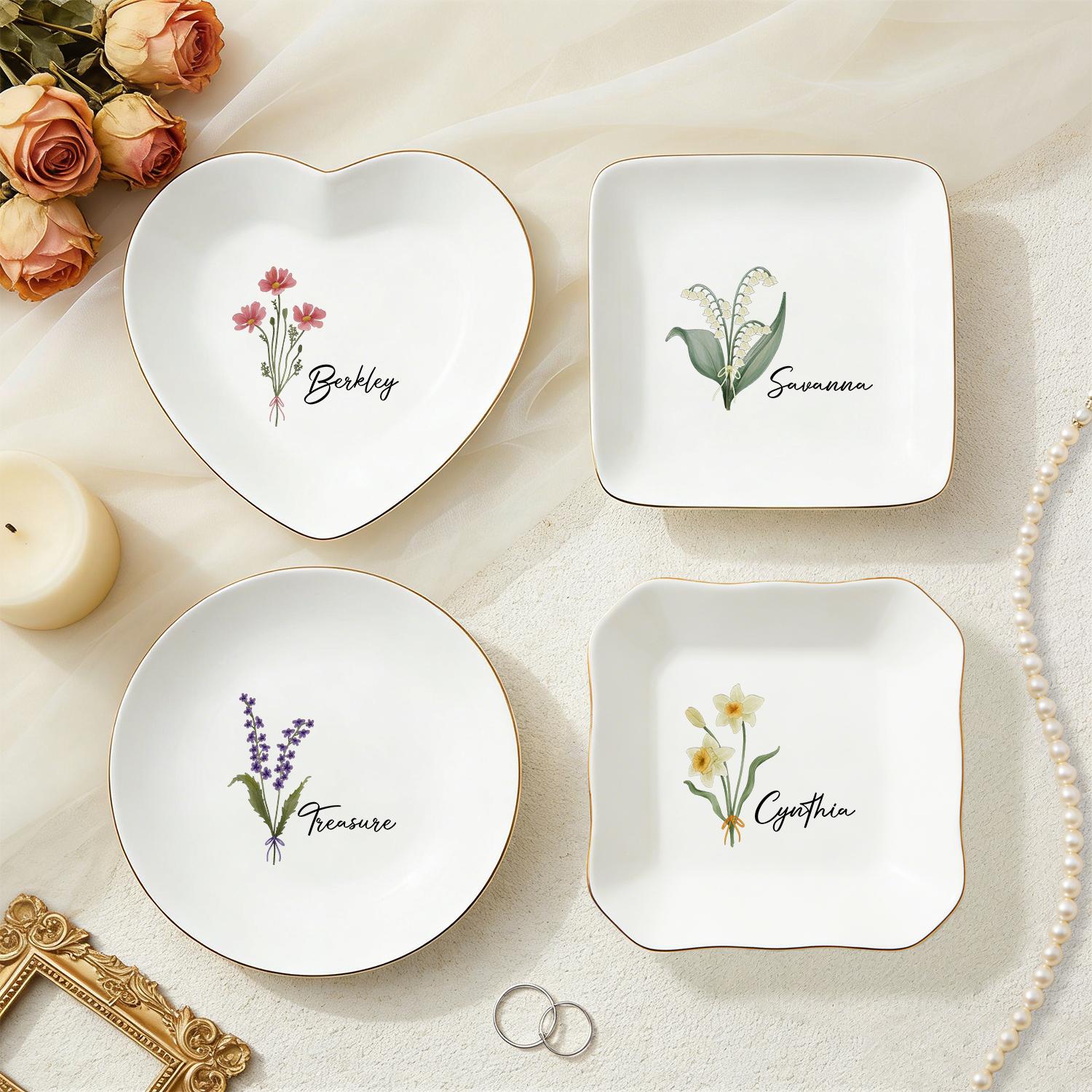 Personalized Birth Flower Trinket Dish, Custom Watercolor Flower Ring Dish, Wedding Bridesmaid Gift, Gift for Friends, Birthday Gift for Her