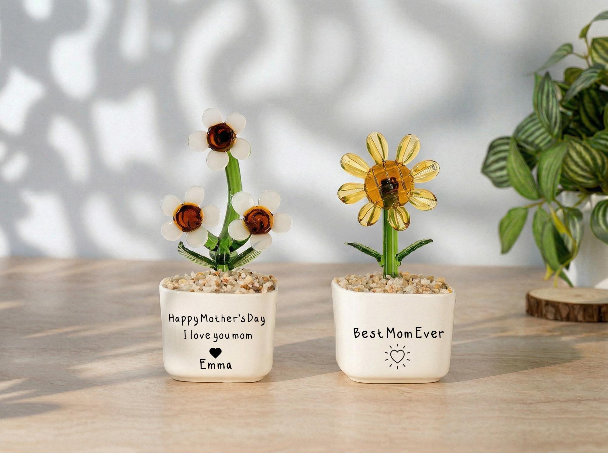 Glass Everlasting Flower Gift for Mom, Personalized Hand Blown Glass Pot, Mom Birthday or Mothers Day Keepsake