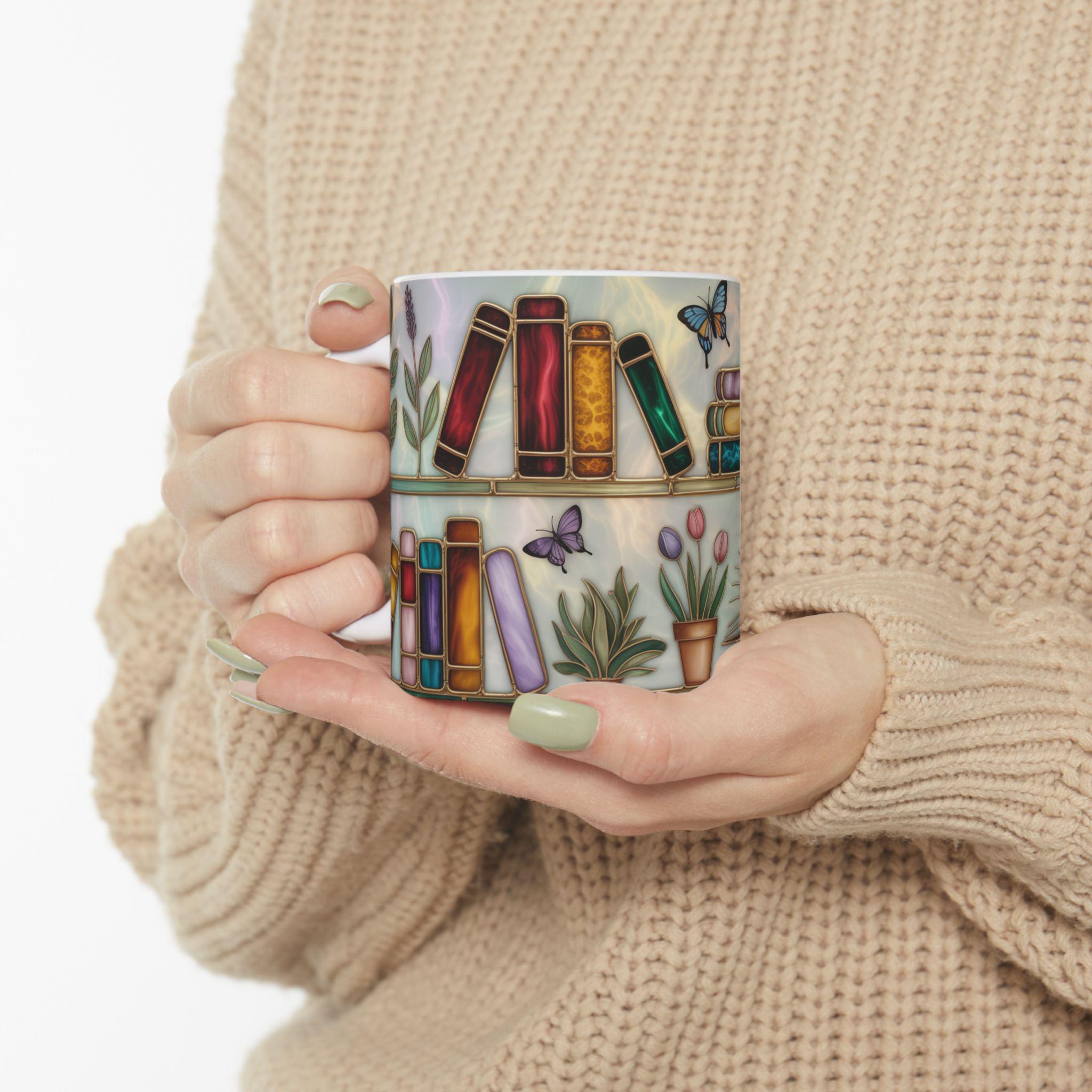 Book Lover Gift Stained Glass Design Bookshelf Mug Floral Butterfly Cottagecore Reading Mug Bookish Aesthetic Coffee Cup