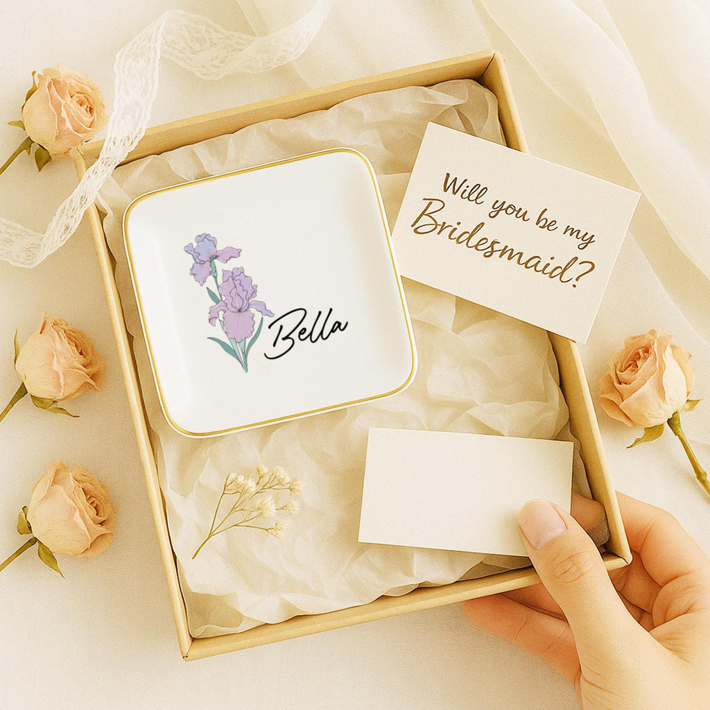 Personalized Birth Flower Ceramic Jewelry Dish_ Custom Trinket Ring Holder, ring Holder Dish,wedding Bridesmaid Gift