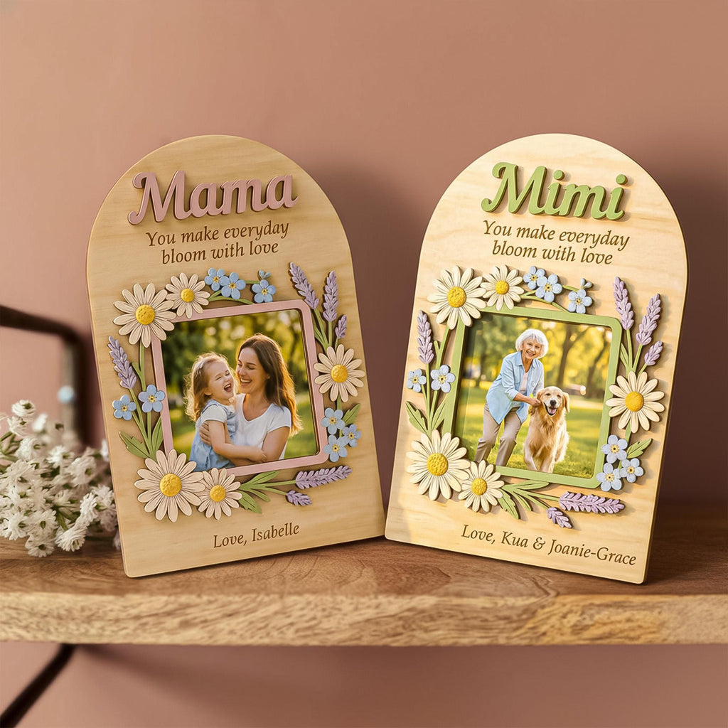 Custom Wooden Photo Frame for Mother's Day Gift, Floral Keepsake Decor, Personalized Nana Gift, Grandma Birth Flower Plaque