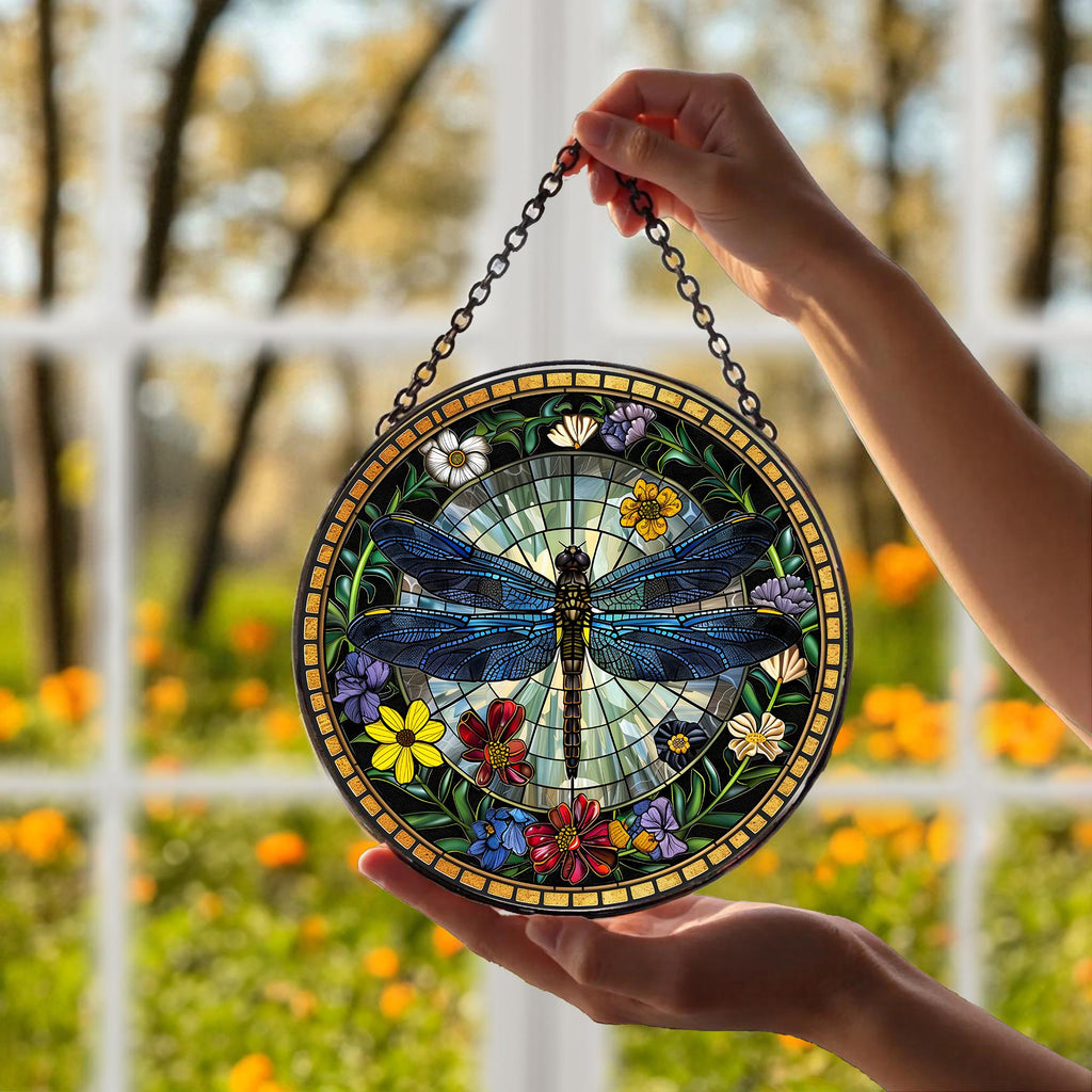 Dragonfly Stained Glass Suncatcher, Dragonfly Flower Window Hanging, Indoor Decoration, Kitchen Decor, Gift for Mom, Colorful Window Art