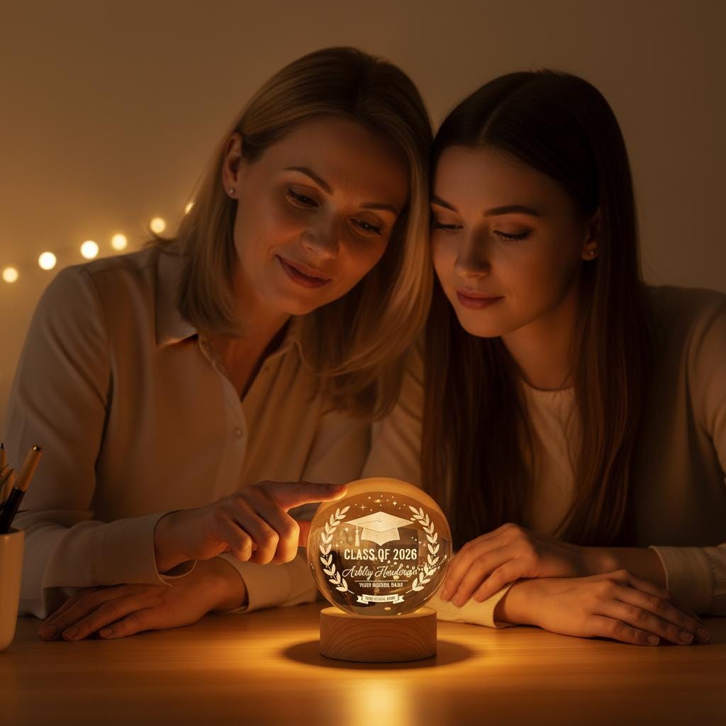 Personalized Graduation Gift Class of 2026, Custom Name School Crystal Ball Night Light, University Grad Keepsake, Wood Base LED Lamp