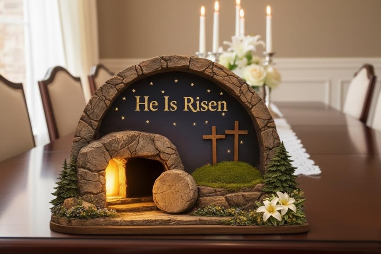 Easter Wooden Block, Empty Tomb Resurrection Scene, He Is Risen Christian Decor, Meaningful Church Gift for Pastor Appreciation and Ministry