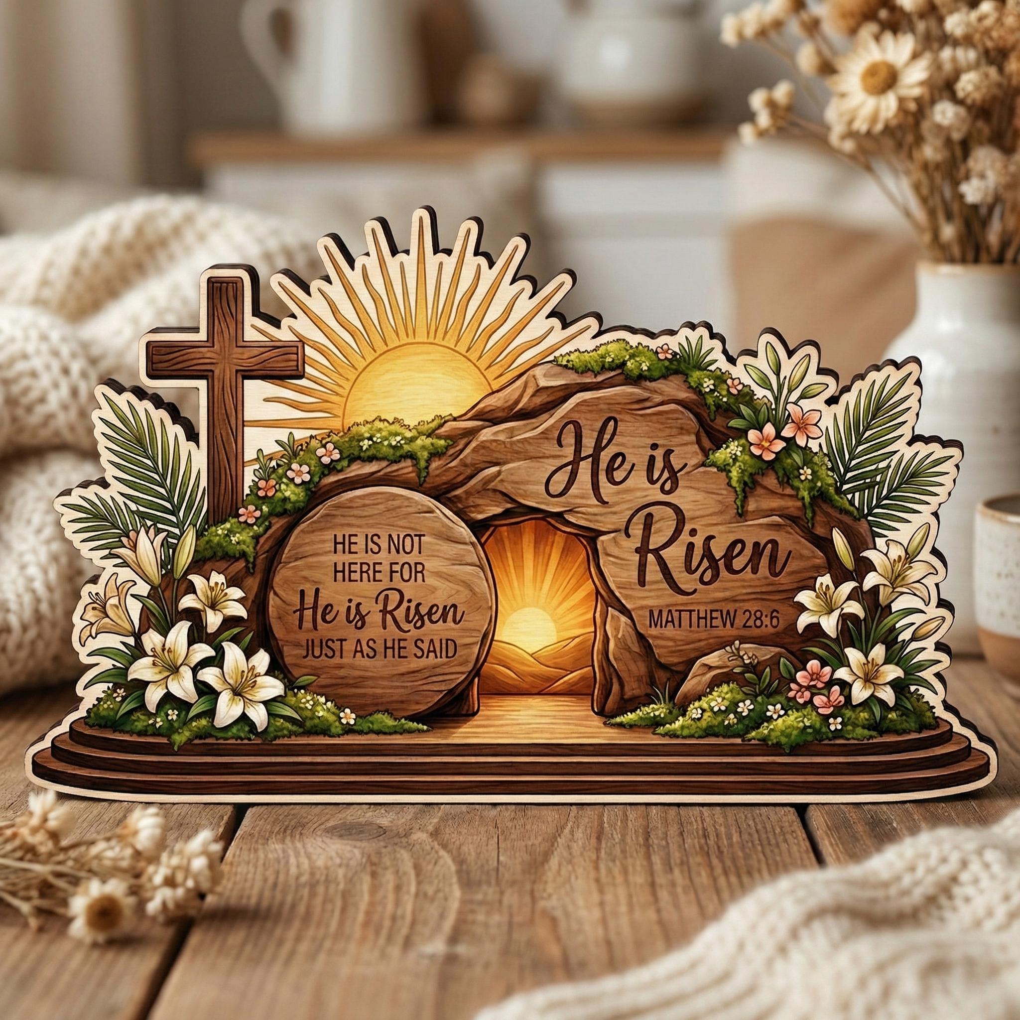 He is Risen Wooden Block Decor, Christian Easter Tabletop Sign, Resurrection Scene Wood Art, Faith Home Decor Gift, Gift for Believers