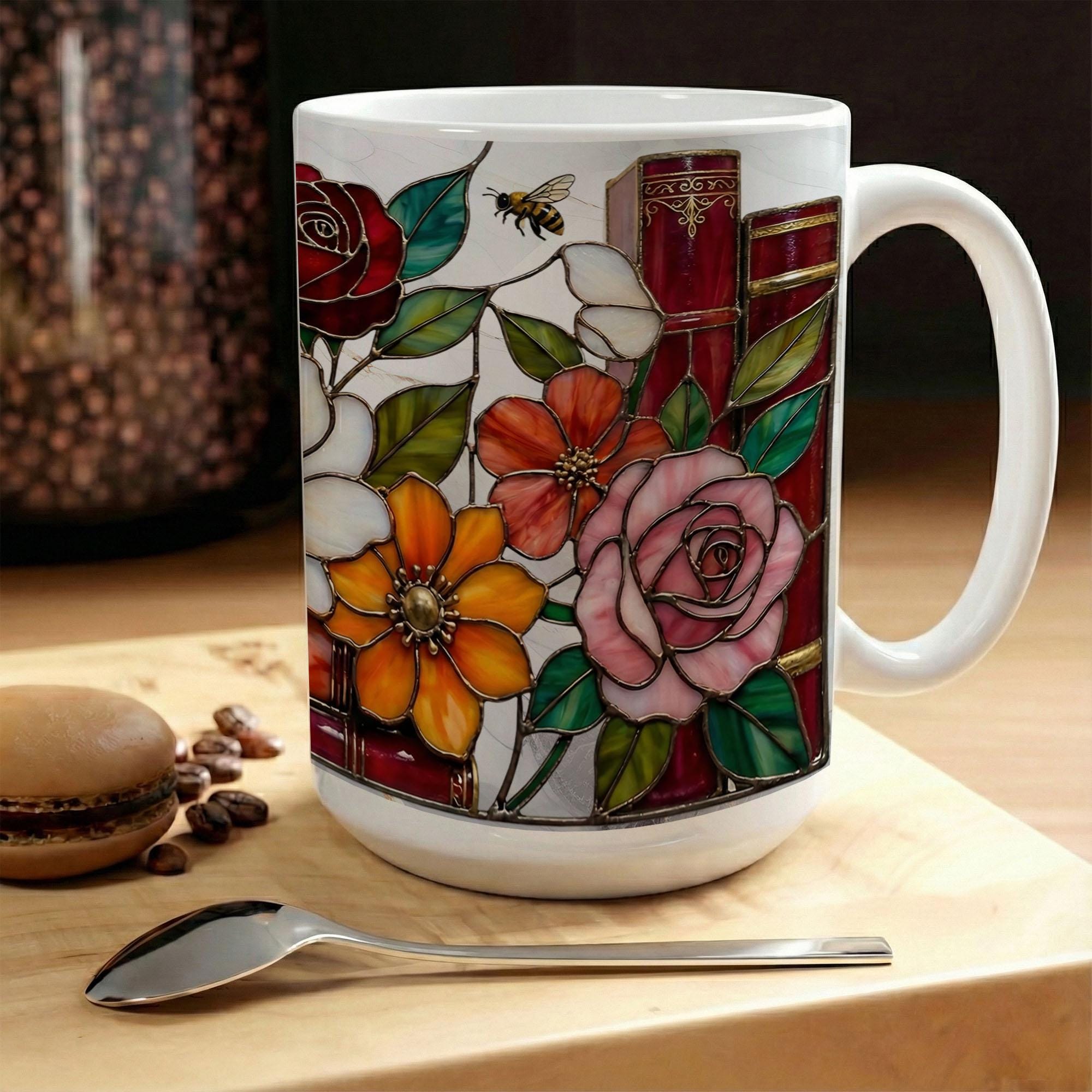 Stained Glass Book Lover Mug Floral Cottagecore Bookshelf Design Colorful Reading Bookish Cup 15oz Ceramic, Handle Color Mug
