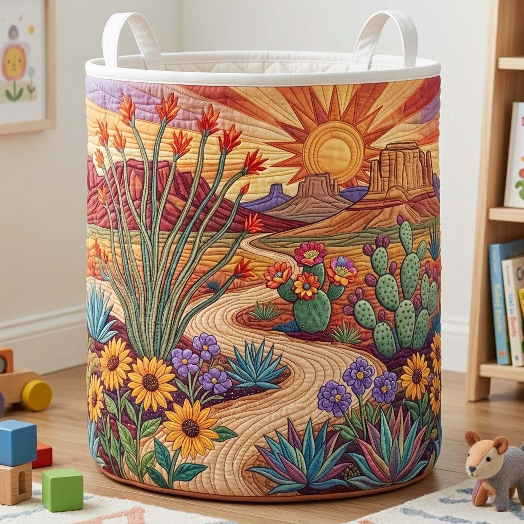 Sunrise Cactus Quilted Laundry Basket_ Daybreak Dune Hamper, Natural Lover Storage Bin