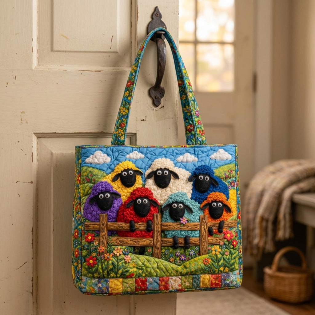 Colorful Sheep Quilted Tote Bag, Farm Animal Patchwork Handbag, Cottagecore Fabric Shoulder Bag