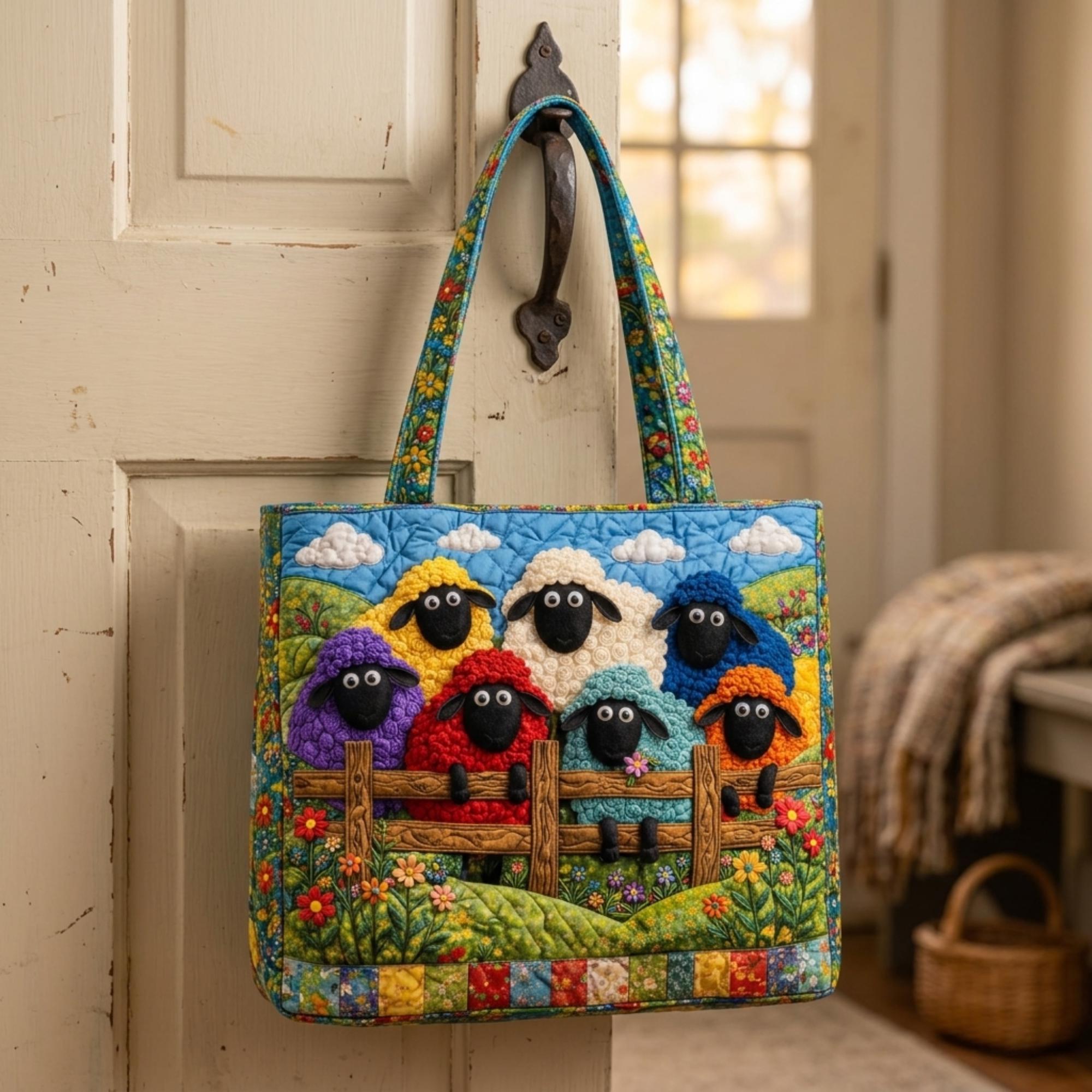 Colorful Sheep Quilted Tote Bag, Farm Animal Patchwork Handbag, Cottagecore Fabric Shoulder Bag