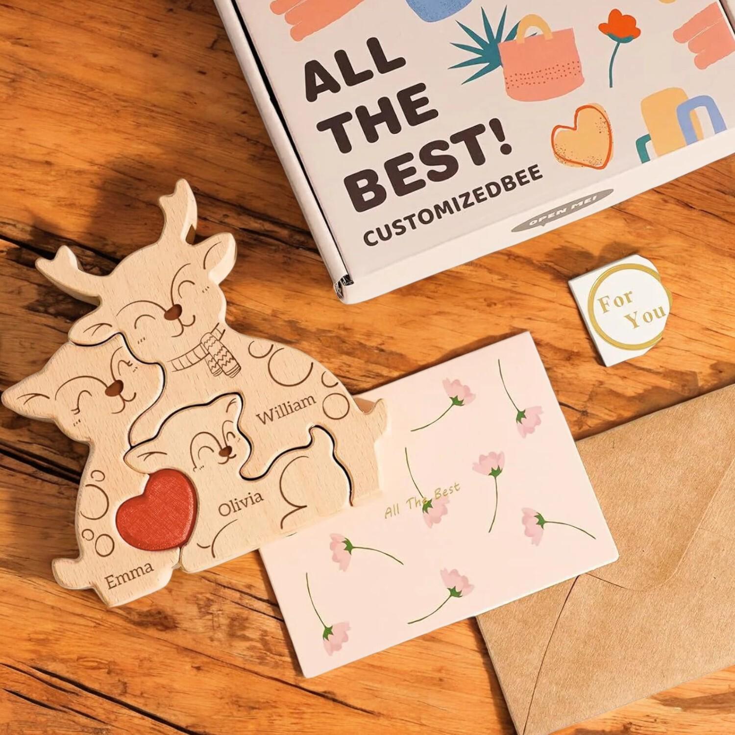 Personalized Deer Family Puzzle, Custom Wooden Elk Gift, Nursery Decor, Rustic Family Ornament, Baby Shower, Xmas Keepsake, Deer Gift, Decor