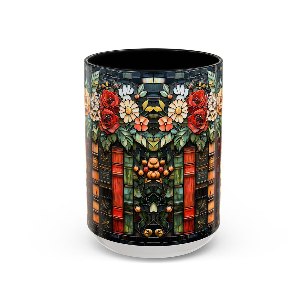 Floral Bookshelf Mug_ Faux Stained Glass Ceramic Coffee Cup Bookish Literature and Kitchen Booklover