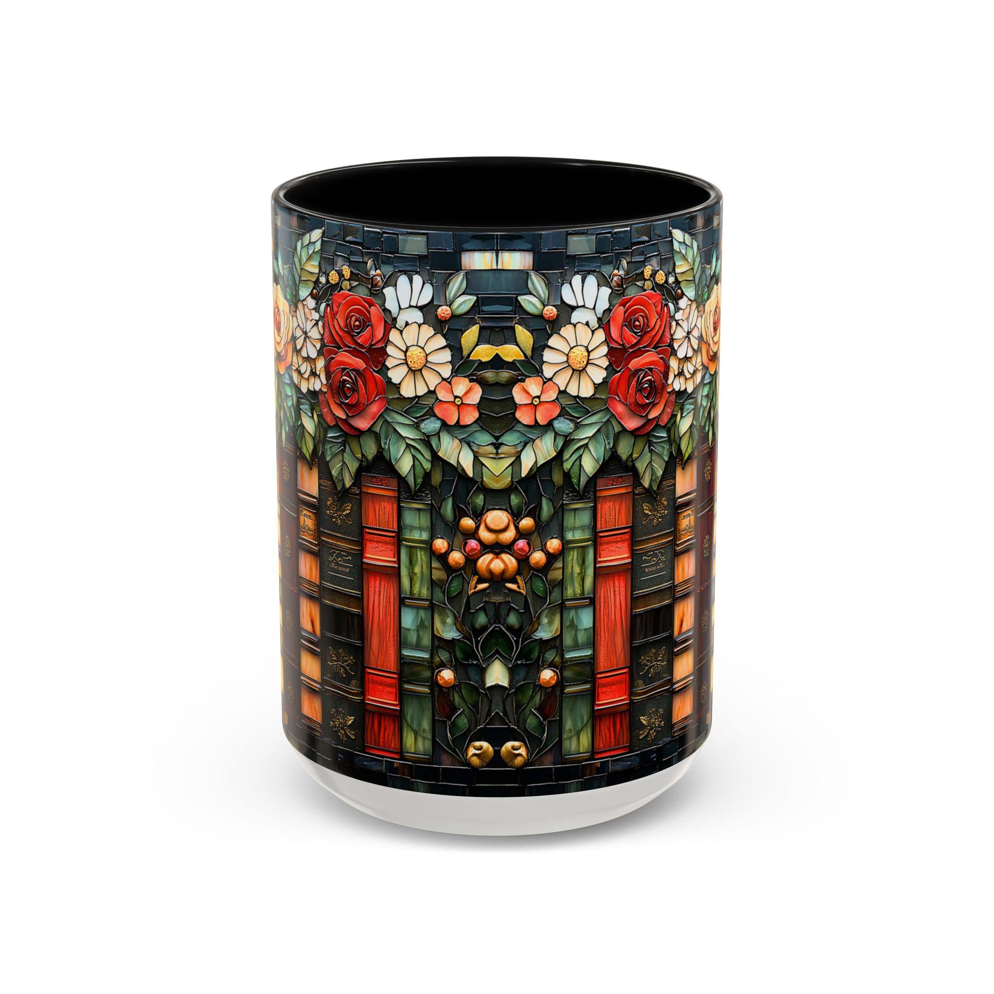 Floral Bookshelf Mug_ Faux Stained Glass Ceramic Coffee Cup Bookish Literature and Kitchen Booklover
