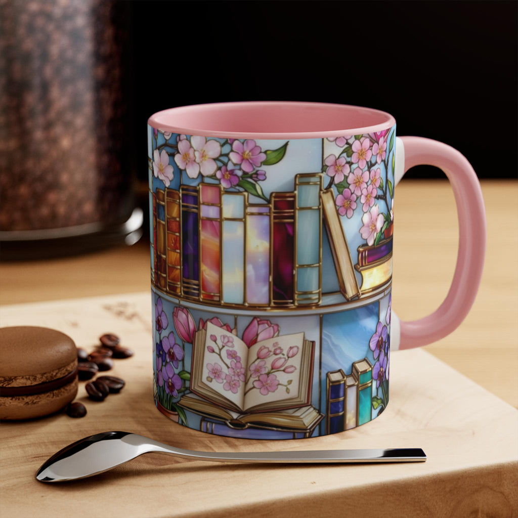 Book Lover Mug, Floral Bookshelf Coffee Mug, Gift for Readers, Stained Glass Style Mug, Bookish Aesthetic Mug, Library Coffee Cup