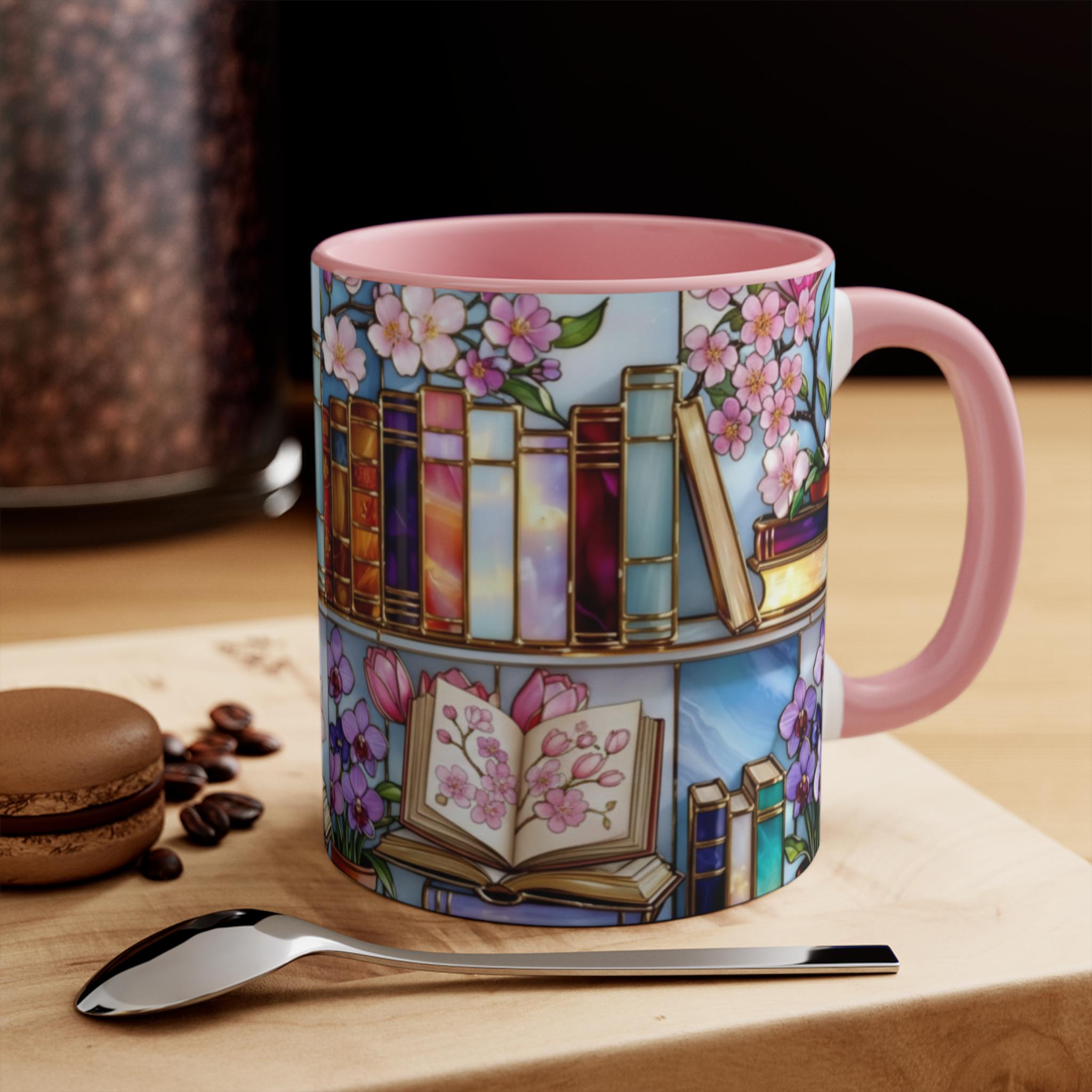 Book Lover Mug, Floral Bookshelf Coffee Mug, Gift for Readers, Stained Glass Style Mug, Bookish Aesthetic Mug, Library Coffee Cup