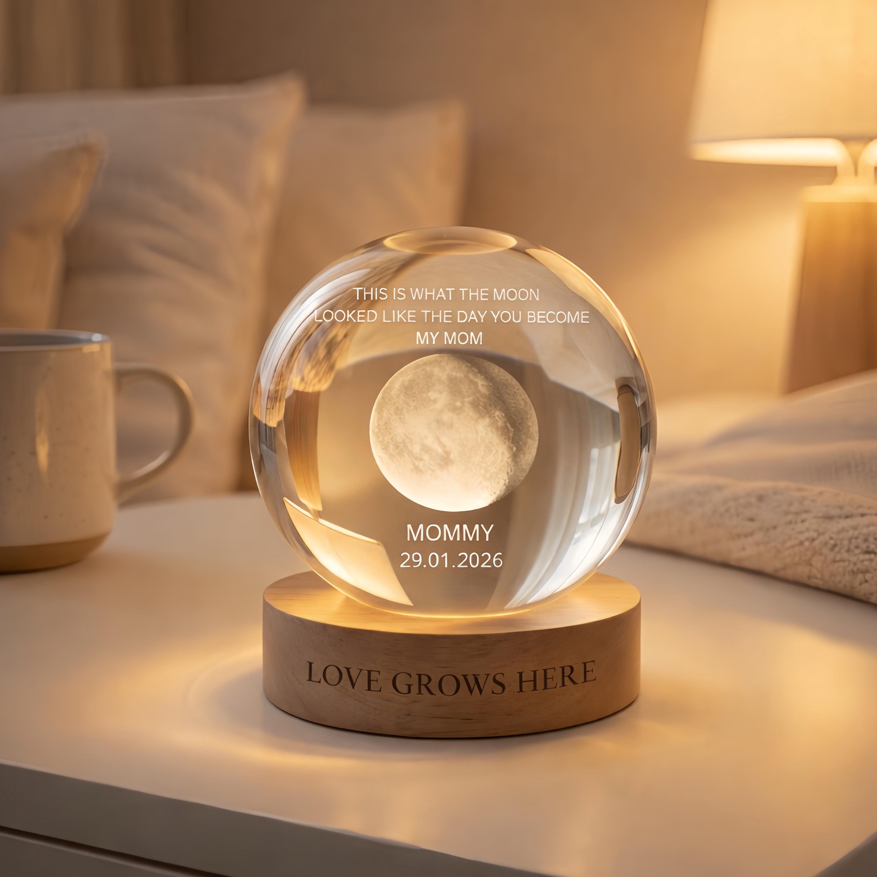 The Day You Become Mom Personalized Moon Phase by Date, Custom Crystal Ball LED Night Light, Gift for Mom, Mother's Day Gifts,gift From Kids