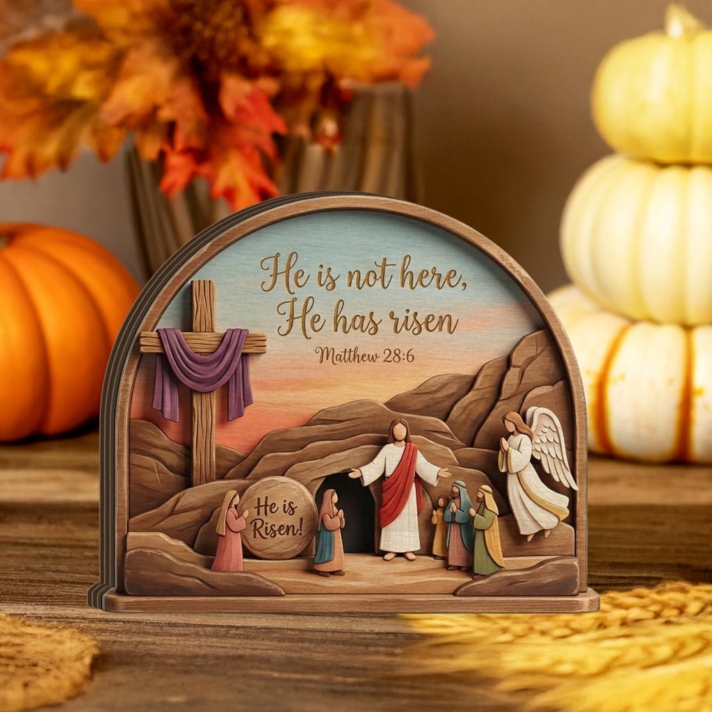 He is Risen Easter Decoration, Wooden Cross Tabletop Ornament, He is Risen Wood Sign_ Jesus Resurrection Scene, Easter Decor