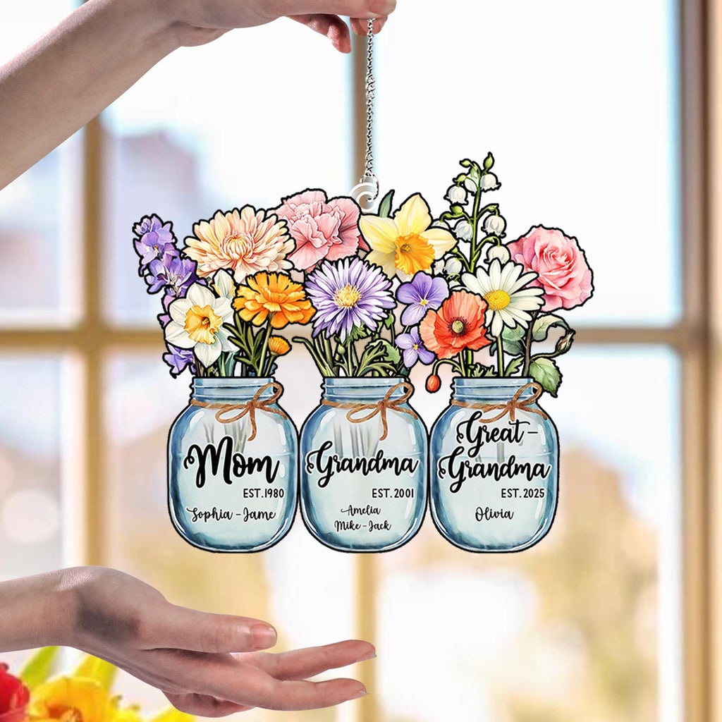 Custom Great Grandma's Garden Suncatcher, Birth Month Flower Acrylic Window Hanging, Grandma Suncatcher, Gift From Grandkids, Christmas Gift