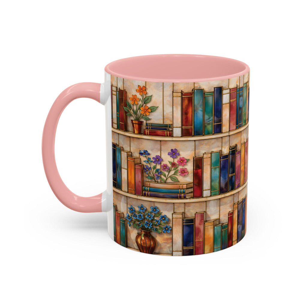 Bookshelf Coffee Mug, Floral Book Lover Gift, Bookish Stained-glass Style Mug, Modern Ceramic Mug – Elevate Your Coffee Time