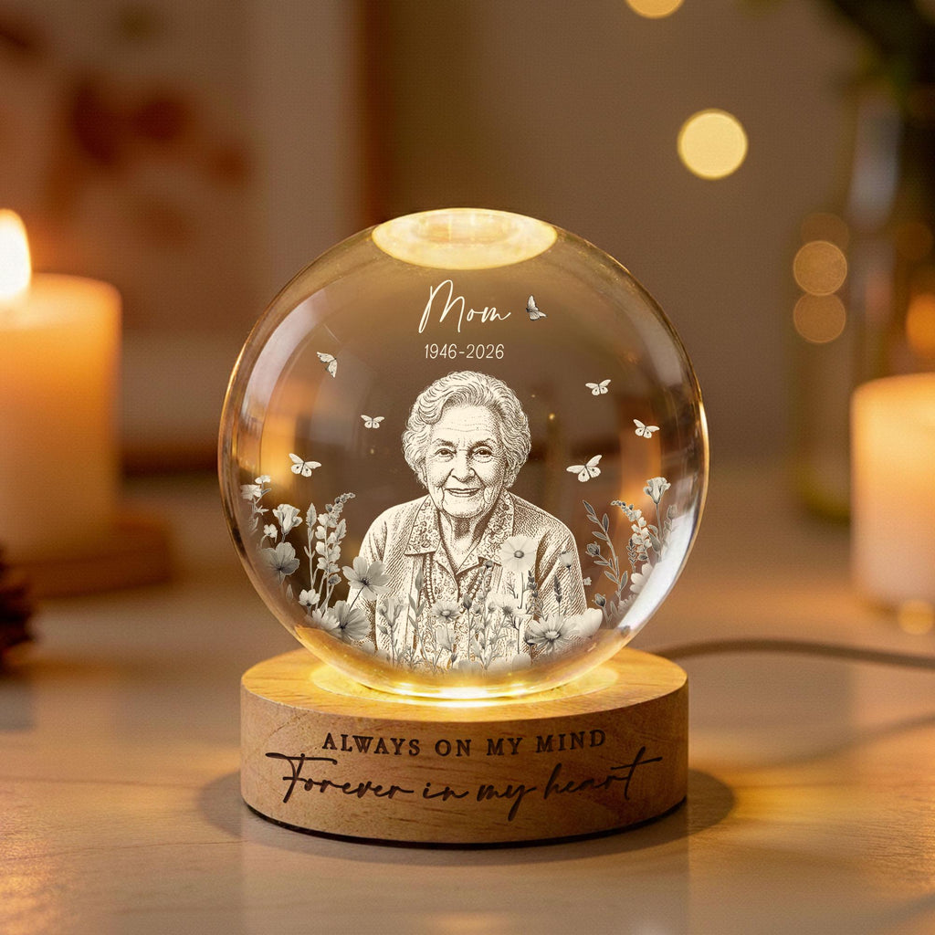 Custom Mom Memorial Crystal Ball Night Light, Engraved Photo Light Night, Loss of Mother Gift, Always on My Mind, Mothers Day Gift for Mom