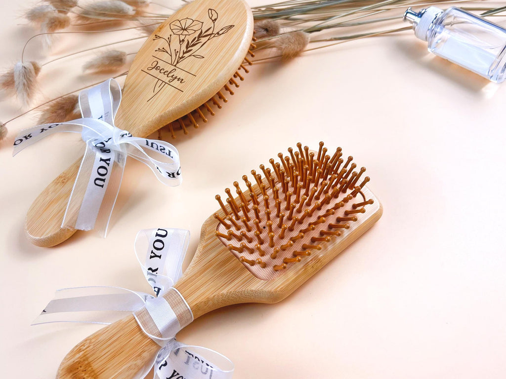 Custom Name Bamboo Hair Brush with Birth Flower: Bridesmaid Gift, Personalized Wooden Comb, Perfect Birthday or Mother's Day Gift for Mom, Daughter, or Friend