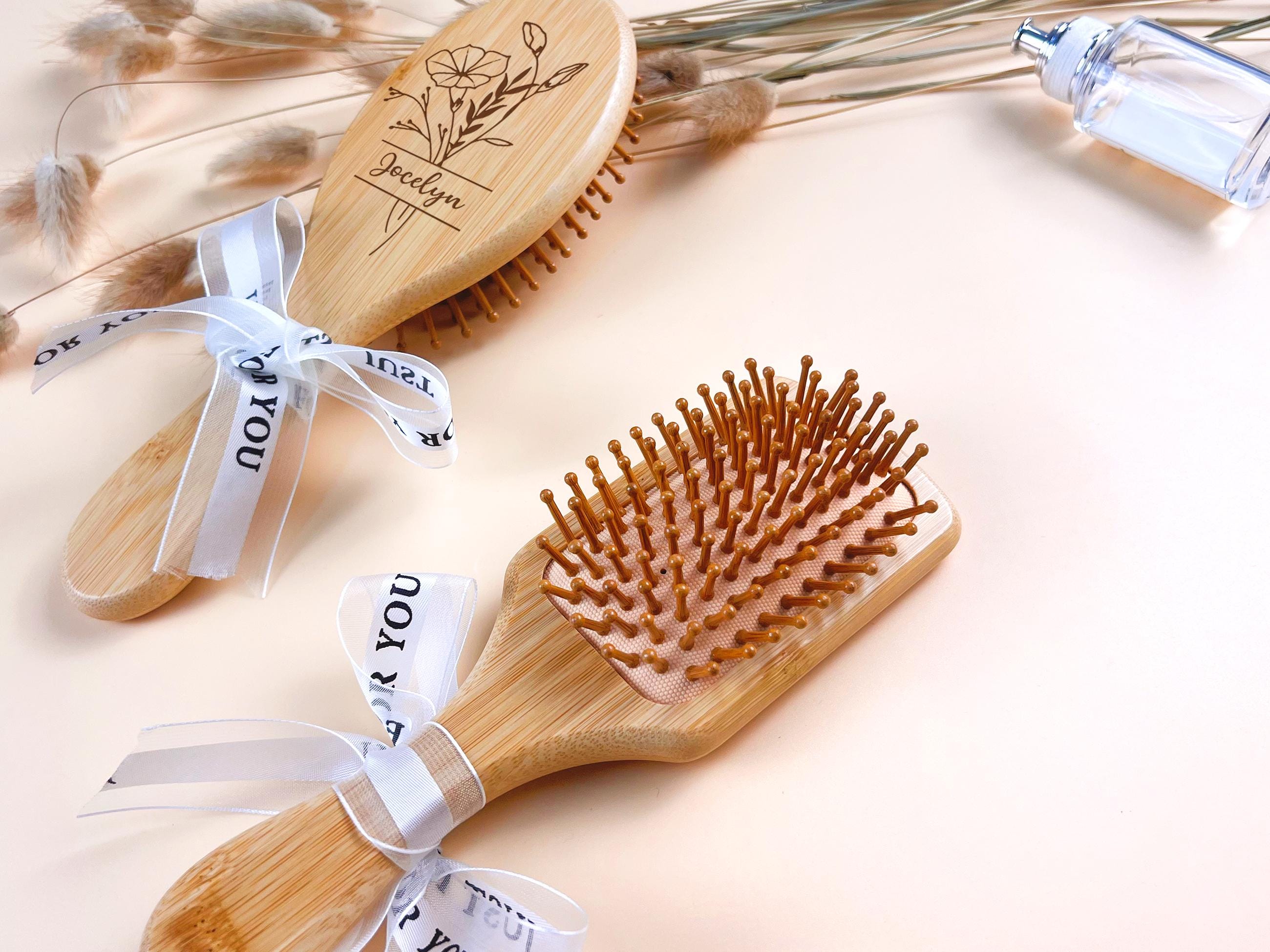 Custom Name Bamboo Hair Brush with Birth Flower: Bridesmaid Gift, Personalized Wooden Comb, Perfect Birthday or Mother's Day Gift for Mom, Daughter, or Friend