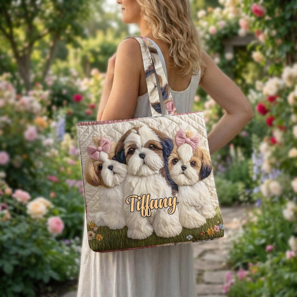 Personalized Shih Tzu Quilted Tote Bag, Custom Dog Lover Shoulder Bag, Cute Puppy Tote, Reusable Grocery Bag, Gift for Shih Tzu Mom