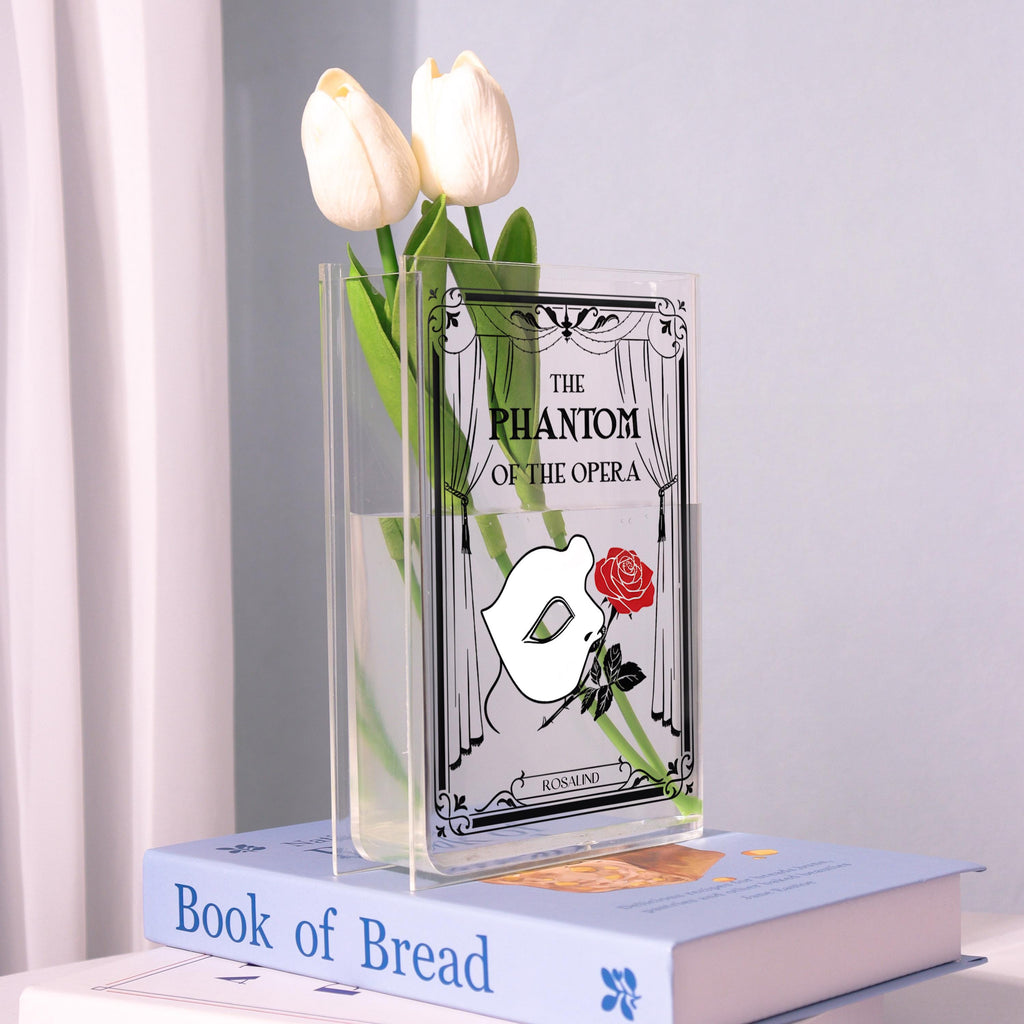 Phantom of the Opera Acrylic Book Vase, Theater Mask Book Vase, Line-art Book Shaped Vase, Musical Theater Decor, Custom Gift for Book Lover