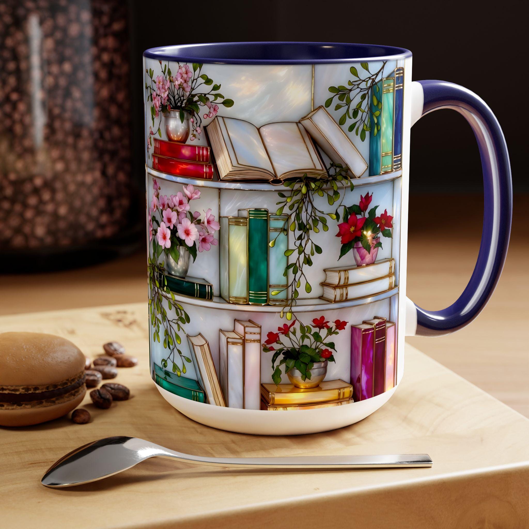 Stained Glass Style Bookshelf Mug, Colorful Floral Book Mug, Book Lover Gift. Elegant Reading Mug, Gift Mug – Thoughtful Design for Coffee Lovers