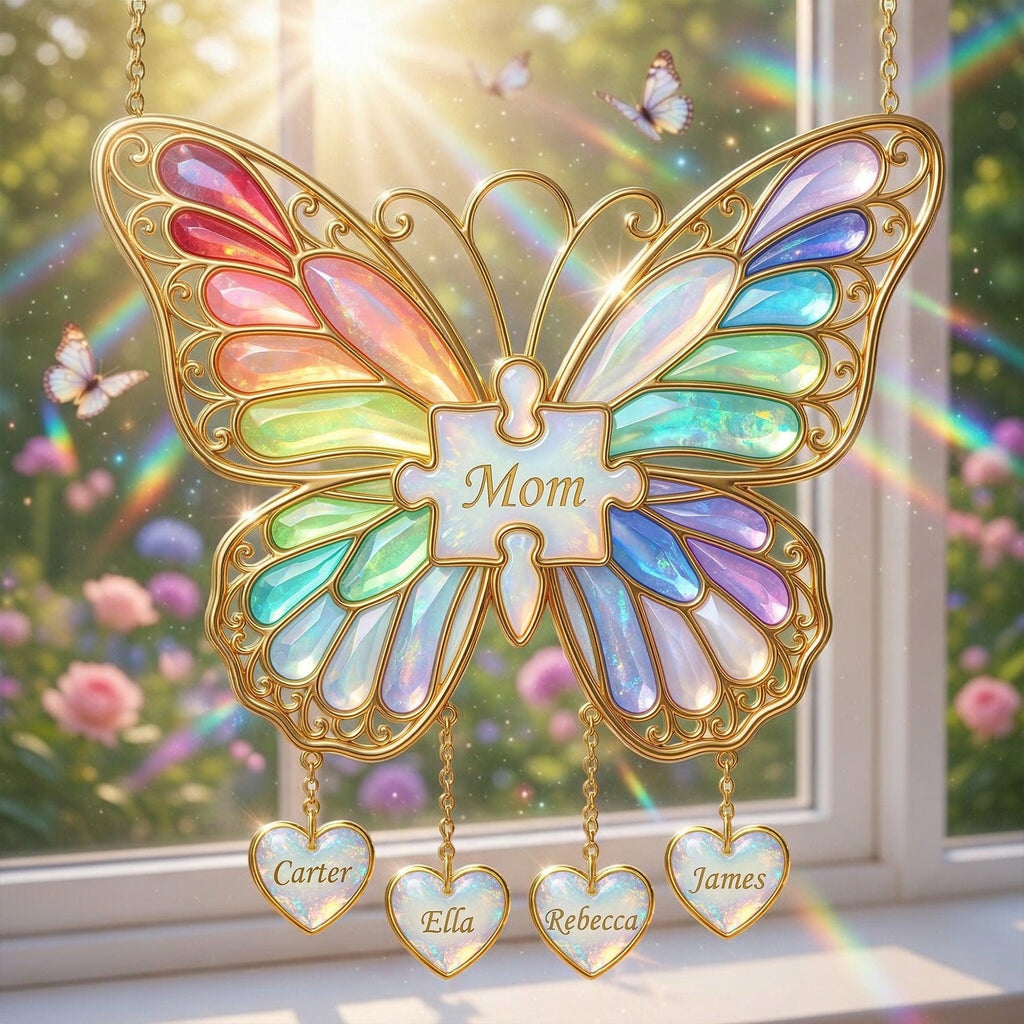 Personalized Rainbow Butterfly Mom Acrylic Suncatcher, Custom Name Mommy and Kids Hanging Suncatcher, Mother Day Window Decor, Gift for Mom