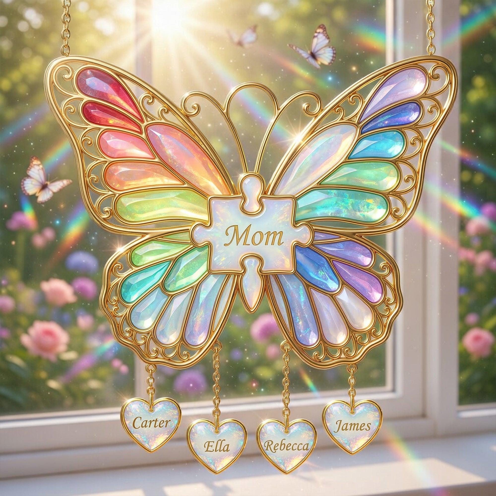Personalized Rainbow Butterfly Mom Acrylic Suncatcher, Custom Name Mommy and Kids Hanging Suncatcher, Mother Day Window Decor, Gift for Mom