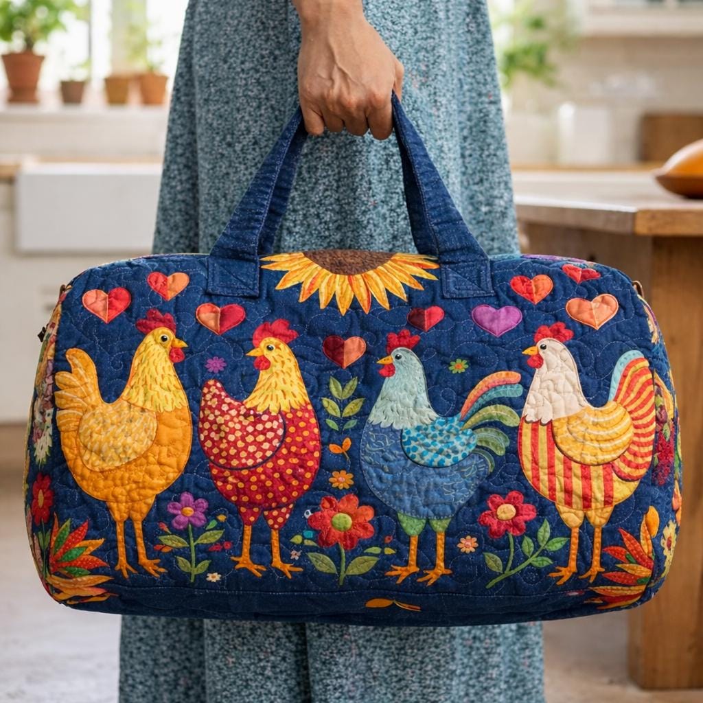 Cute Chicken Quilted Duffle Bag_ Camper Bus Travel Weekender Bag, Best Duffle Bags for Women, Cute Weekender Duffel Gift for Her